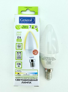 Лампа LED Е14 7W 2700 CF мат. свеча GENERAL , 6784